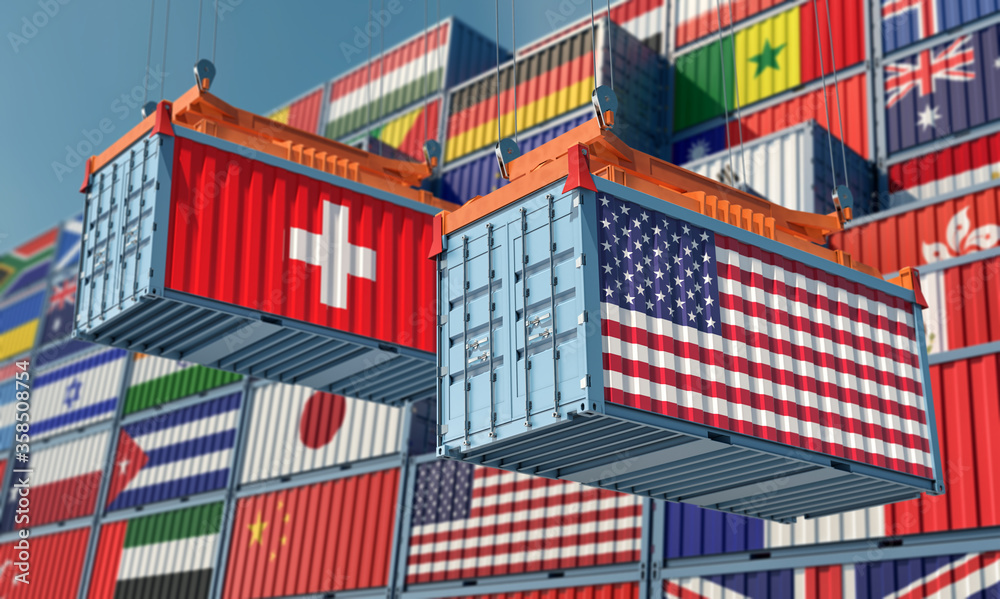 Freight containers with Switzerland and USA flag. 3D Rendering 