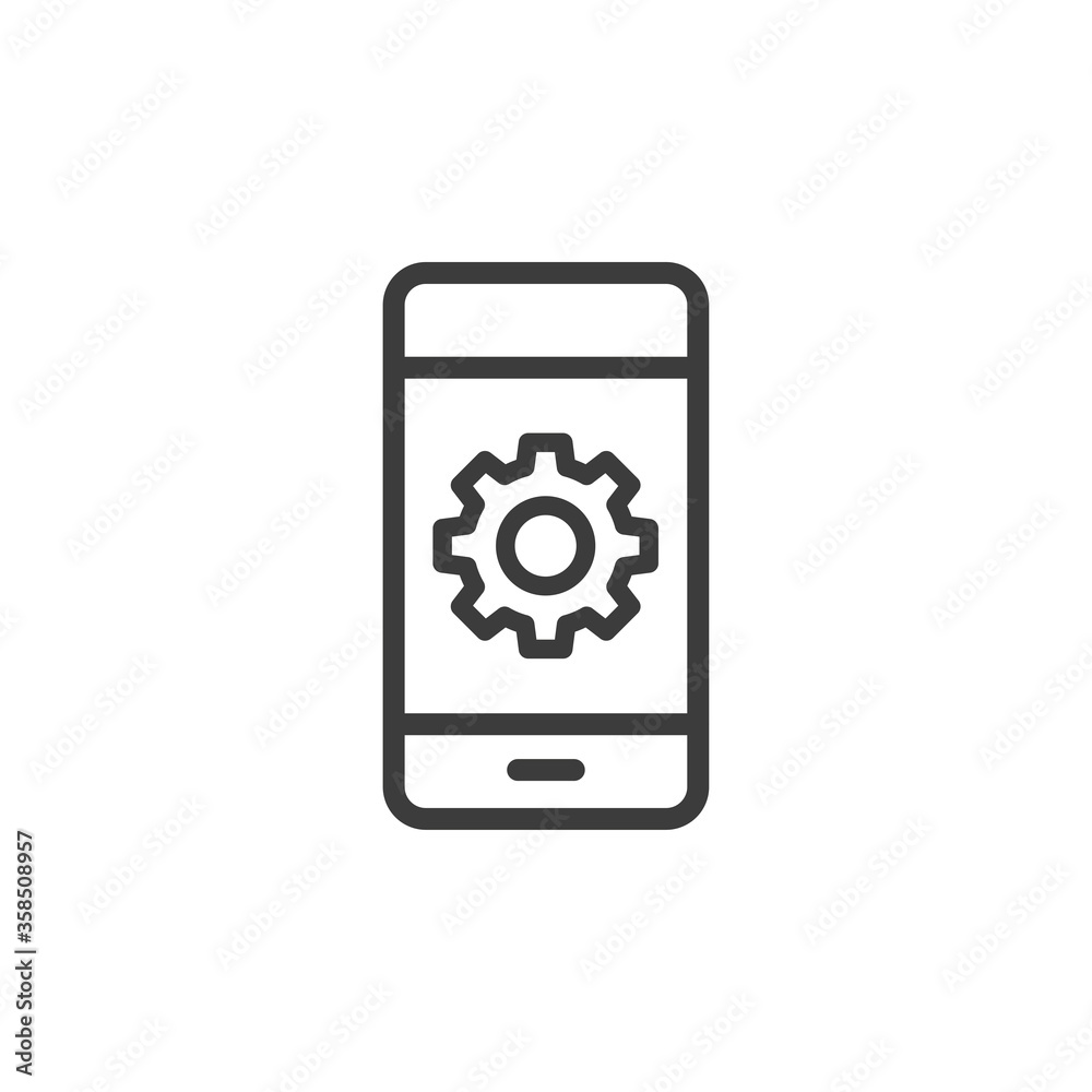 Smartphone with gear icon on white background. Phone settings concept. Smartphone with gear icon on white background. Phone settings concept.
