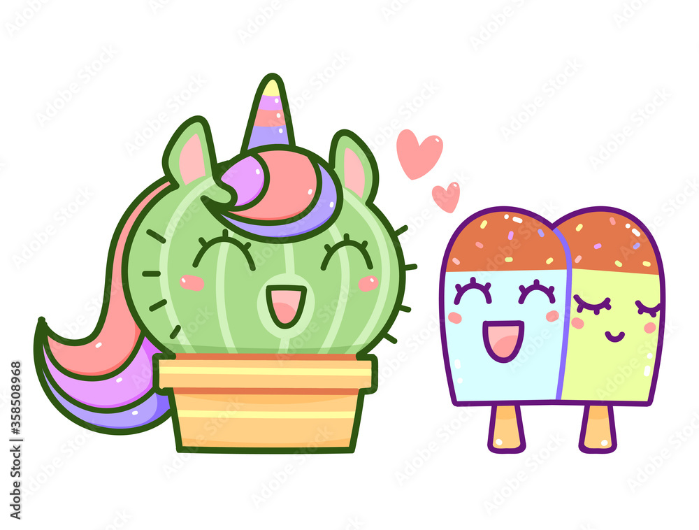 Kawaii cactus unicorn with ice cream friends, happy cartoon vector Kawaii cactus unicorn with ice cream friends, happy cartoon vector