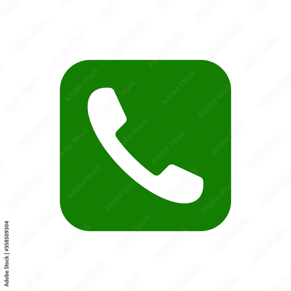 Phone icon. Call application symbol. Green square button. Flat interface logo. Simple shape telephone sign. Isolated on white background. Vector illustration image. Phone icon. Call application symbol. Green square button. Flat interface logo. Simple shape telephone sign. Isolated on white background. Vector illustration image.