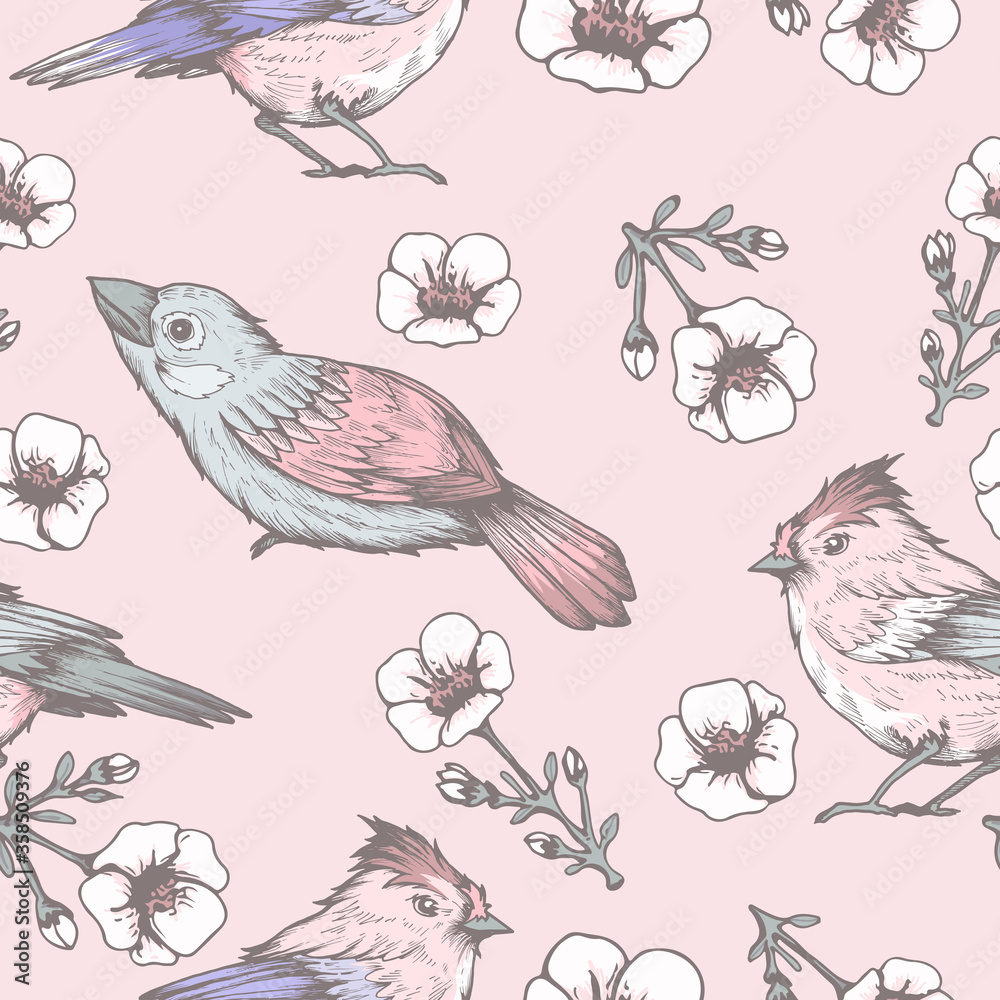 Fototapeta premium Seamless pattern with hand drawn flowers and birds 