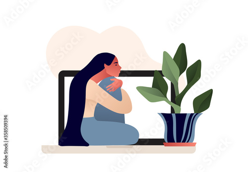 Sad lonely depressed girl sitting on the laptop. Young unhappy woman hugging her knees. Online psychotherapy. Cartoon character. Depressed teenager. Vector illustration in flat style