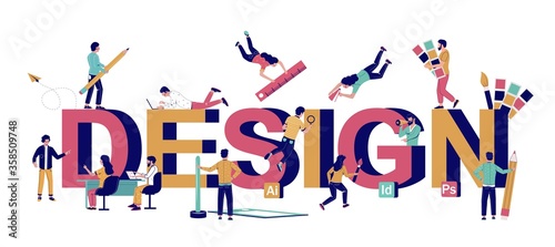 Design typography vector banner template. Busy tiny characters graphic designers, illustrators creating their work using paintbrush, pencil, ruler, color swatches etc. Graphic design studio services.