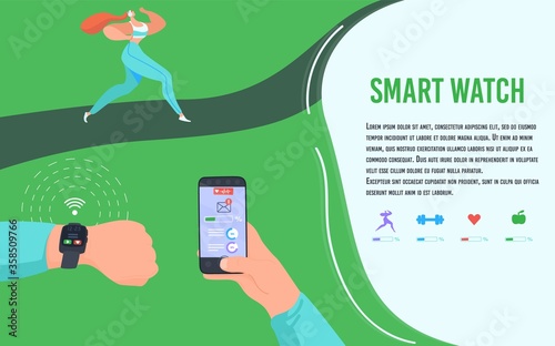 Sport smart watch concept vector illustration. Cartoon flat human hands with wristband fitness bracelet, watchband tracker and smartphone, sports devices for training workout, running activity banner