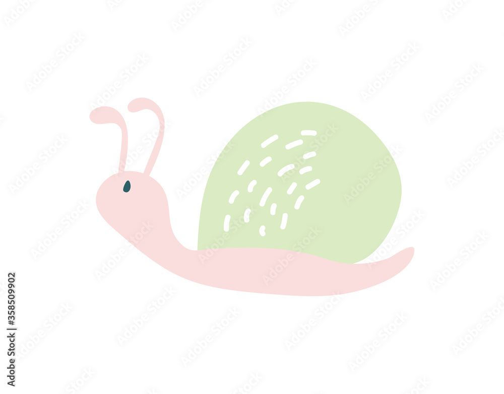Cute hand drawn nursery poster with snail animal. Vector illustration in candinavian style. Baby illustration kids nursery art poster