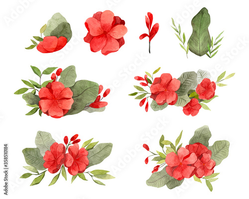 Red Floral Bouquet Watercolor Illustration Group. Handdrawn Elements. 