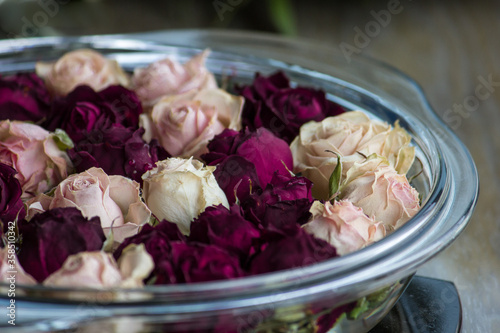 Dry flowers of a small rose. Dried flowers of flowers and lavender.