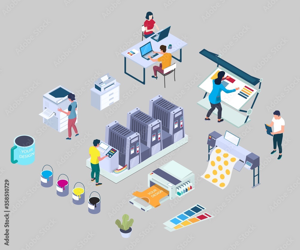 Publishing house, print shop, copy center, vector flat isometric illustration. Polygraphy, instant printing and custom cups, mugs, t-shirt printing services.