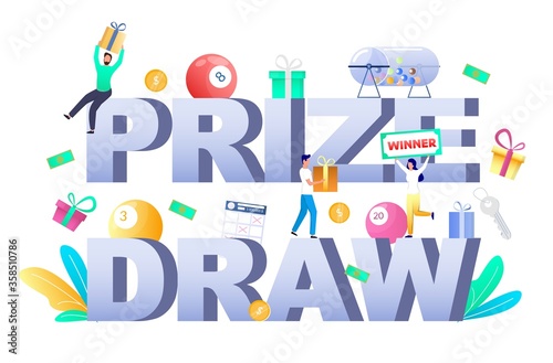 Prize draw typography vector banner template. Raffle drum, lottery ticket, balls, man giving gift box to happy woman winning prize draw.