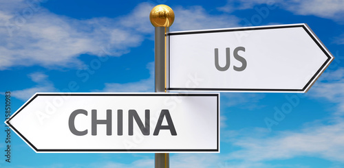 Obraz na plátne China and us as different choices in life - pictured as words China, us on road signs pointing at opposite ways to show that these are alternative options