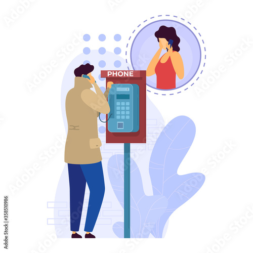 Male character call female mistress isolated on white, flat vector illustration. Man talk sweetheart mystery lover, street telephone box. Person communicate with secret favorite, remote dialogue.