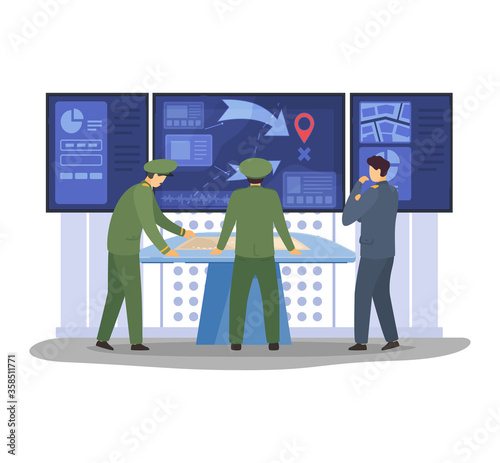 War digital control panel, military operation management senior management military personnel isolated on white, flat vector illustration. Character male officer, command analyst staff.