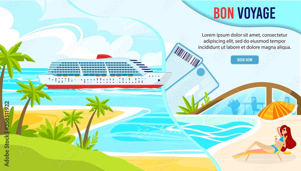 Travel in sea on water transport web banner template, vector illustration. Marine ship cruise, sailboat floating on water, tropical island and ocean beach with sunbathing girl. summer beach vacation.