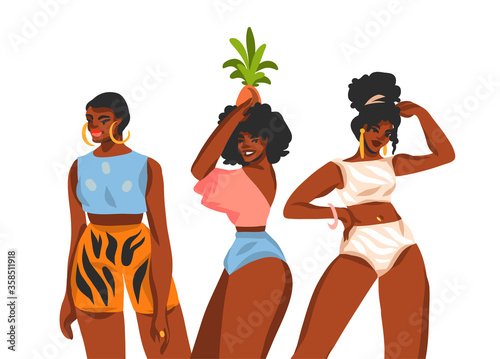 Hand drawn vector abstract flat stock graphic illustration with young smiling positive happy african american women group portraits isolated on white background