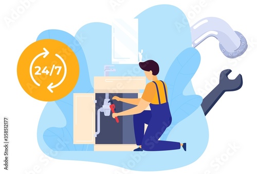 Repair worker plumber with tools fixes tubing in kitchen, workman, home technician service, handyman isolated vector illustration. Repairing workman, maintenance in house, serviceman order.