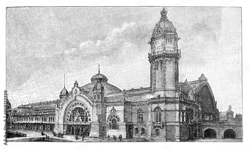 Train station or Railway in Koln Germany / Illustration from Brockhaus Konversations-Lexikon 1908
