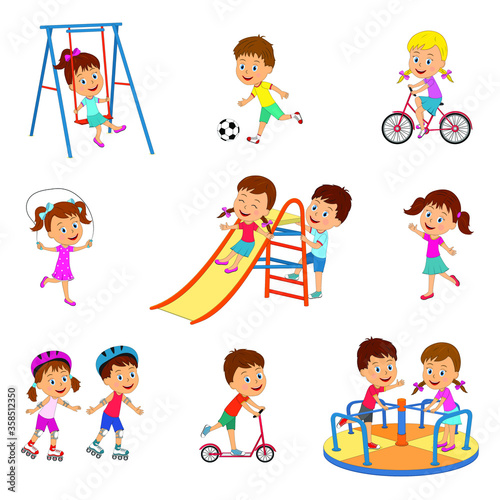 kids, boys and girls  play on the playground, illustration,vector