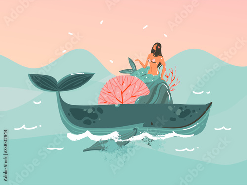 Hand drawn vector abstract stock flat graphic illustration with young happy beauty woman mermaind iin bikini swimming on whale and sundown ocean scene isolated on blue color backgroun