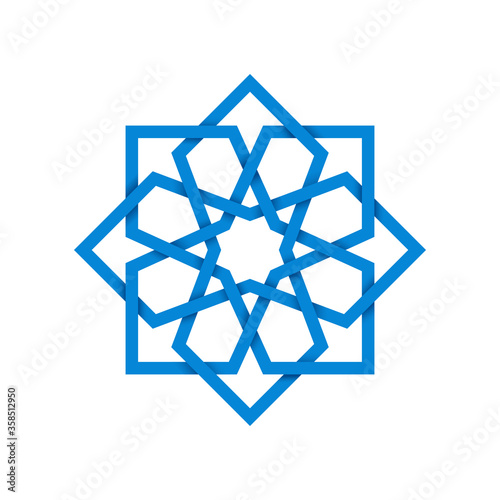 Icon or logo in the form of an interwoven element of oriental ornament. Blue 3D vector isolated on white background.