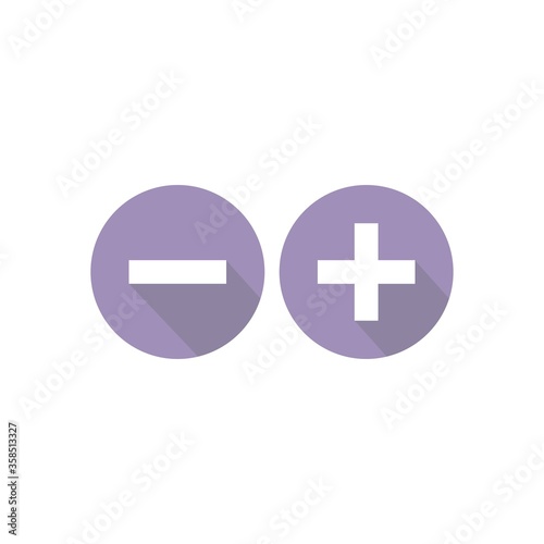 plus and minus circle flat vector icons isolated on white. Add or plus purchase pictogram.