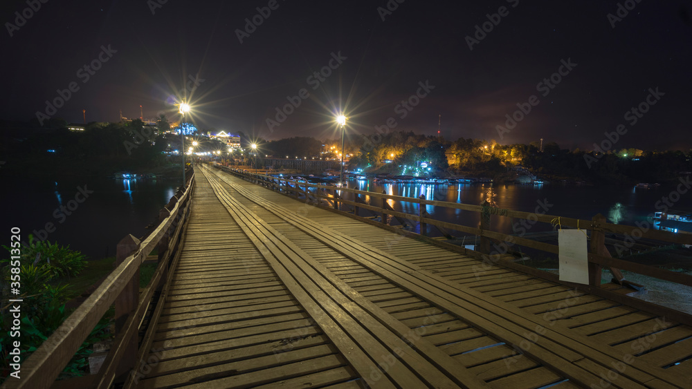 Wooded bridge over the river in Sangkhlaburi District, Kanchanaburi, Thailand