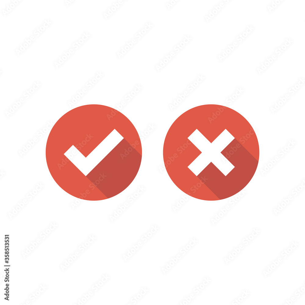 Set of check mark icons. Squared white tick and cross with shadow in red circle. Set of check mark icons. Squared white tick and cross with shadow in red circle.