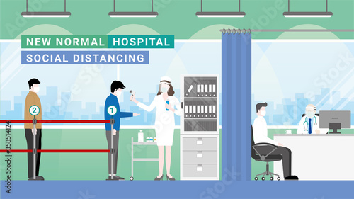 Social distancing queue checkpoint before the doctor's office 