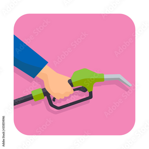 hand holding gasoline pistol pump fuel nozzle. vector illustration