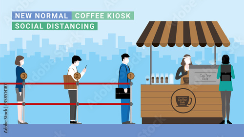 Social distancing queue for coffee kiosk