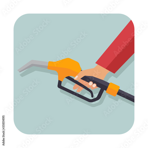hand holding gasoline pistol pump fuel nozzle. vector illustration