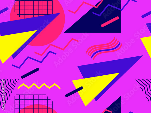 Memphis seamless pattern with geometric shapes in the style of the 80s. Eighties print colorful background for promotional products, wrapping paper and printing. Vector illustration