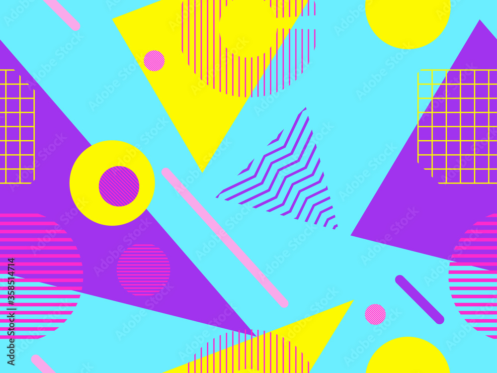 Memphis seamless pattern with geometric shapes in the style of the 80s. Eighties print colorful background for promotional products, wrapping paper and printing. Vector illustration Memphis seamless pattern with geometric shapes in the style of the 80s. Eighties print colorful background for promotional products, wrapping paper and printing. Vector illustration