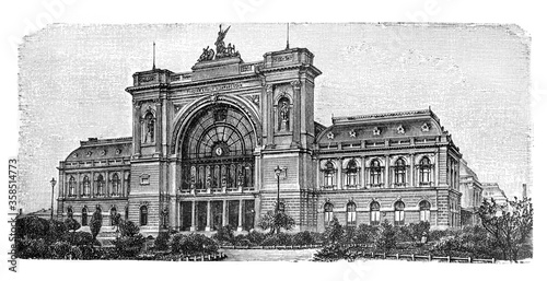 Photography Budapest train station Hungary / Illustration from Brockhaus Konversations-Lexik