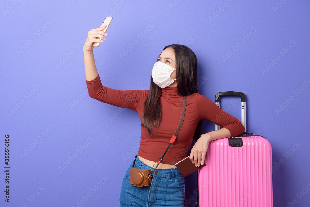 portrait of young traveler woman with face mask , New normal travel concept portrait of young traveler woman with face mask , New normal travel concept