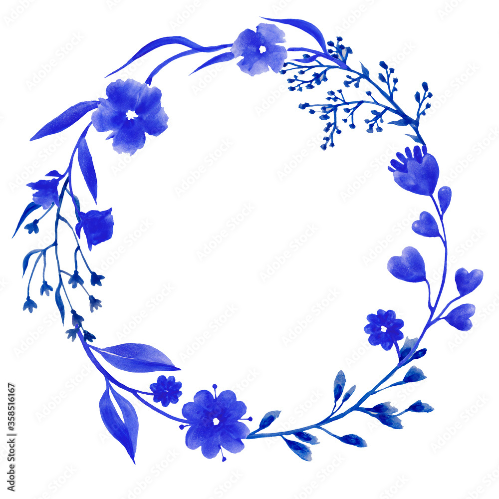 Watercolor blue flowers in the round