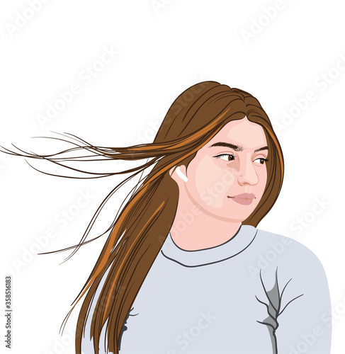 Serious brunette in gray sweater with wireless earphones