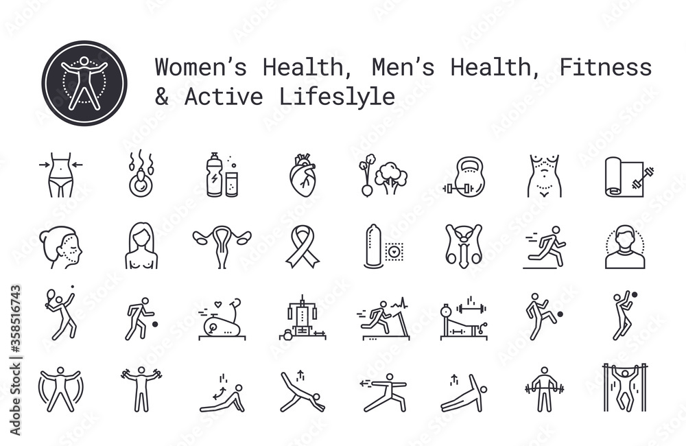 Sport, fitness, gym workout, health thin line icons. Man and woman healthcare, cancer awareness symbols. Exercise machine, sports lifestyle, yoga, recreation activity logo concept for web, mobile apps