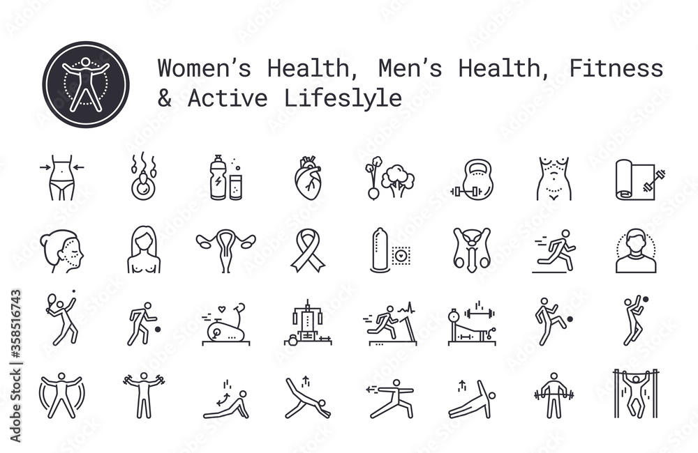 Sport, fitness, gym workout, health thin line icons. Man and woman healthcare, cancer awareness symbols. Exercise machine, sports lifestyle, yoga, recreation activity logo concept for web, mobile apps Sport, fitness, gym workout, health thin line icons. Man and woman healthcare, cancer awareness symbols. Exercise machine, sports lifestyle, yoga, recreation activity logo concept for web, mobile apps