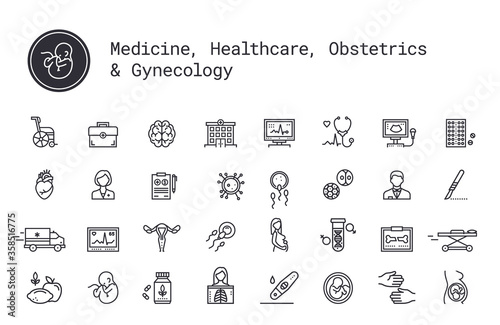 Medical services, pregnancy, obstetrics, gynecology thin line icons. Mother, fetus, newborn health. Ambulance, treatment, reanimation, health care equipment. Pictograms for web service and mobile app. photo