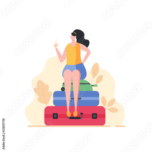 Young woman sitting on luggage in vacation. Isolated tourist female character traveling with bags. Concept of summer travel, tourism, activity. Vector illustration in cartoon flat design