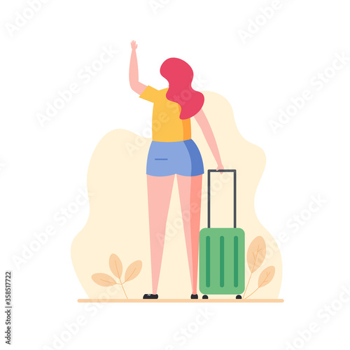 Young woman traveling with luggage in vacation. Isolated tourist female character waving hand. Concept of summer travel, tourism, activity. Vector illustration in cartoon flat design
