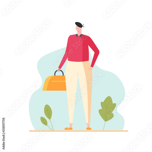 Young man traveling with luggage in vacation. Isolated tourist male character with bag. Concept of summer travel, tourism, activity. Vector illustration in cartoon flat design