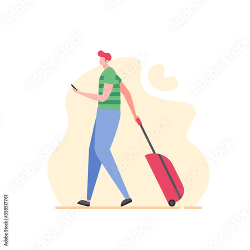 Young man traveling with luggage in vacation. Isolated tourist male character with bag. Concept of summer travel, tourism, activity. Vector illustration in cartoon flat design