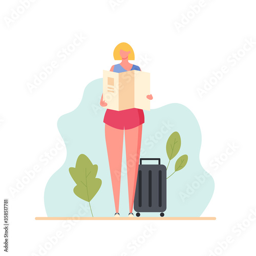 Young woman traveling with luggage and map in vacation. Isolated tourist character with bag. Concept of summer travel, tourism, activity. Vector illustration in cartoon flat design