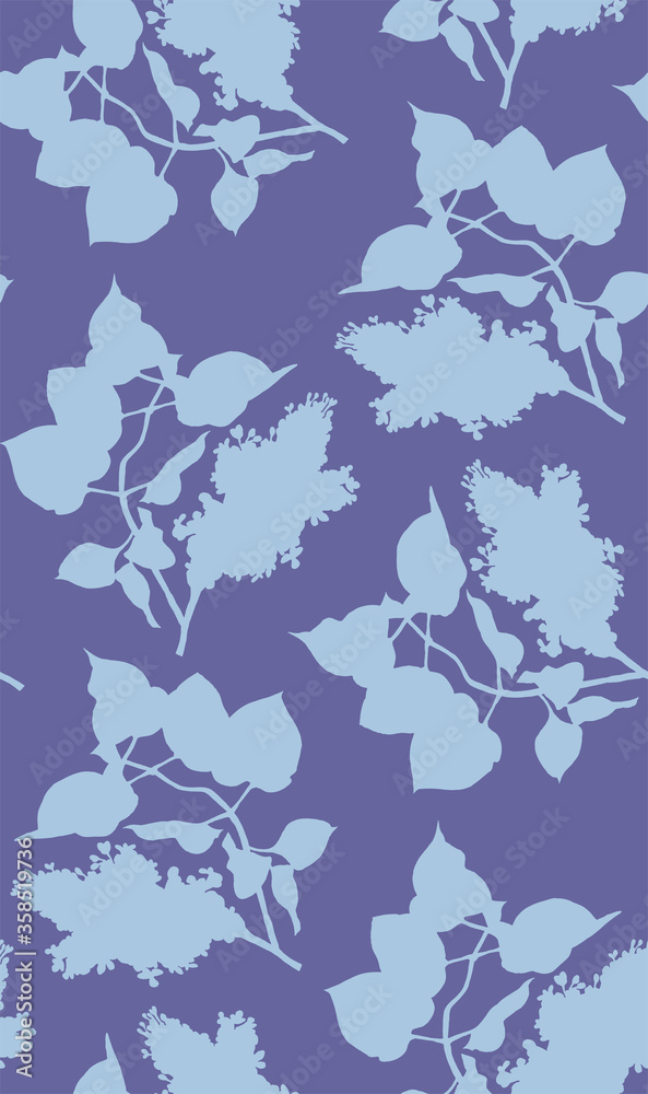 Two-tone floral seamless vector pattern with beautiful lilac flowers. Light blue lilac branch with leaves on a violet background. For wrapping, fabric, wallpaper.