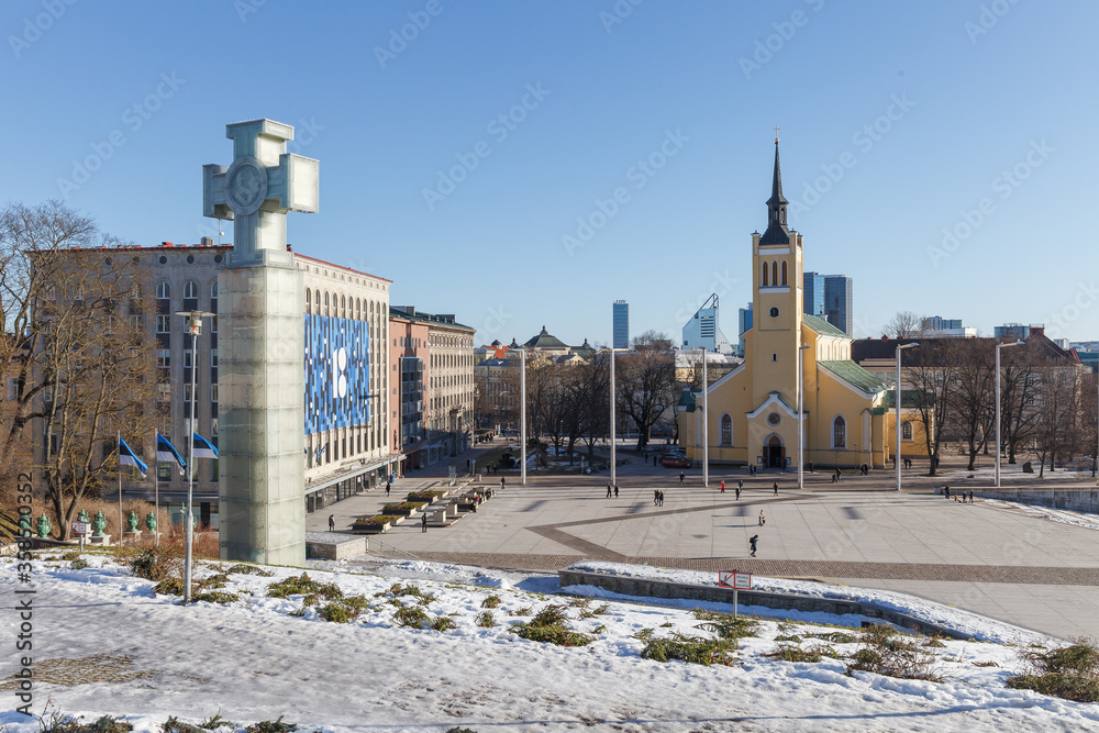 TALLINN, ESTONIA - DECEMBER 26, 2018: Freedom square at sunny winter day.