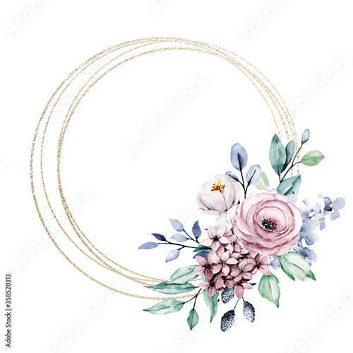 Wreath with watercolor flowers, gold geometric floral frame for greeting card, invitation and other printing design. Isolated on white. Hand drawing.
