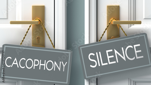 silence or cacophony as a choice in life - pictured as words cacophony, silence on doors to show that cacophony and silence are different options to choose from, 3d illustration