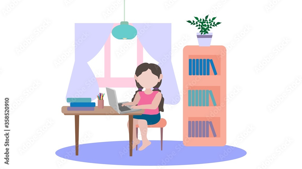 Illustration of a girl on distance learning behind a laptop. Vector image, eps 10 Illustration of a girl on distance learning behind a laptop. Vector image, eps 10