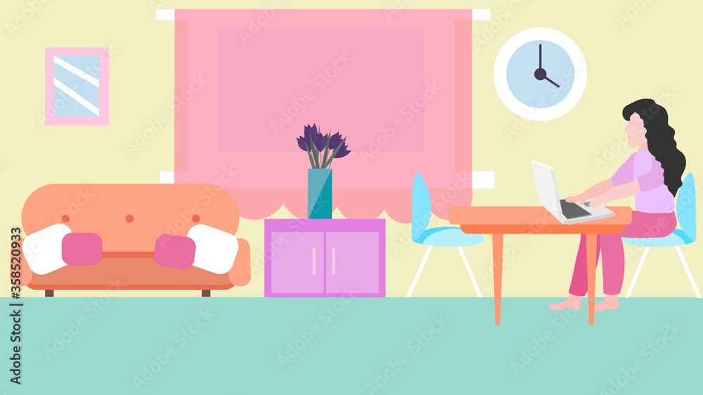 Illustration of a woman working at home with a laptop. Vector image, eps 10